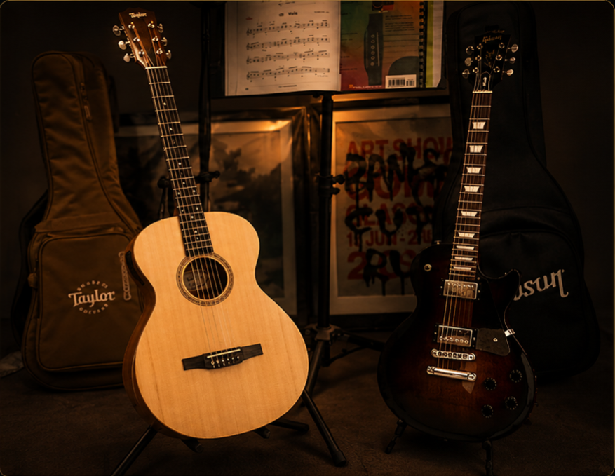 Taylor acoustic guitar and Gibson electric guitar in the studio.